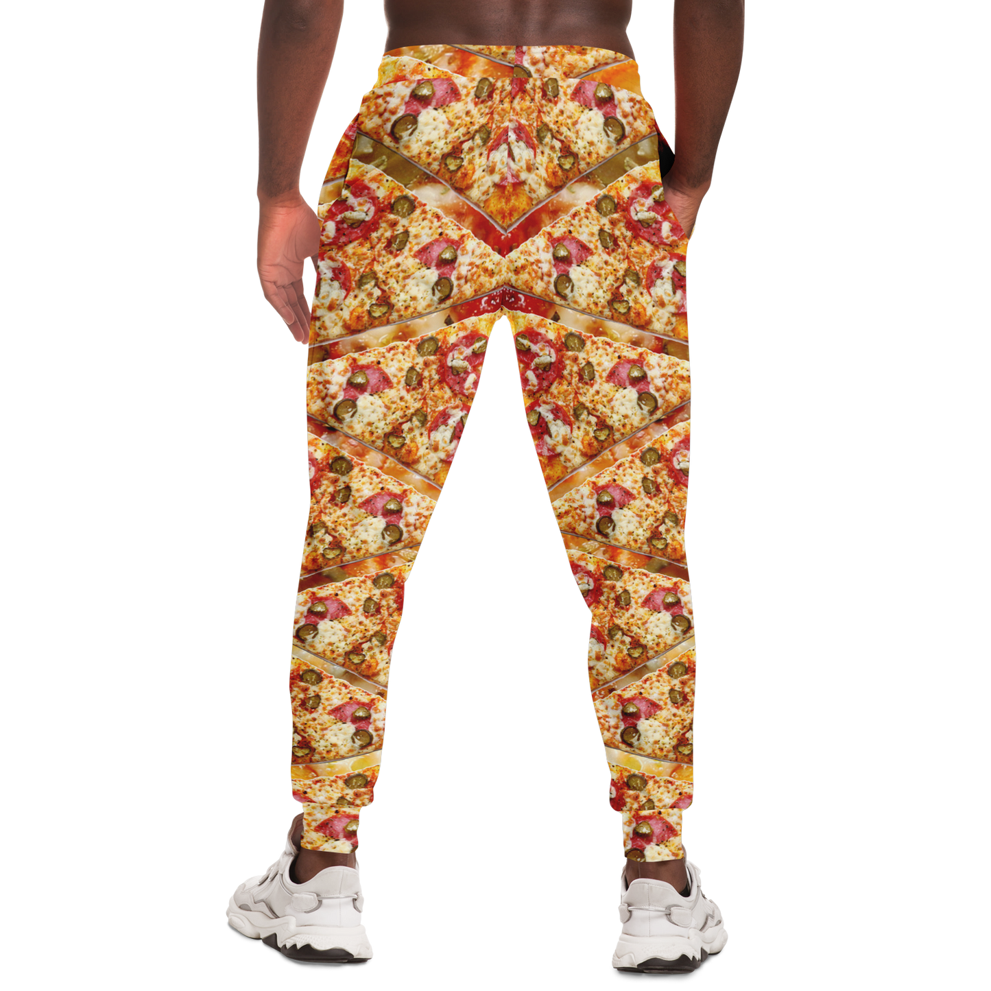 Cheesy Pizza Joggers for Men – Rear view highlighting the tapered legs and delicious print
