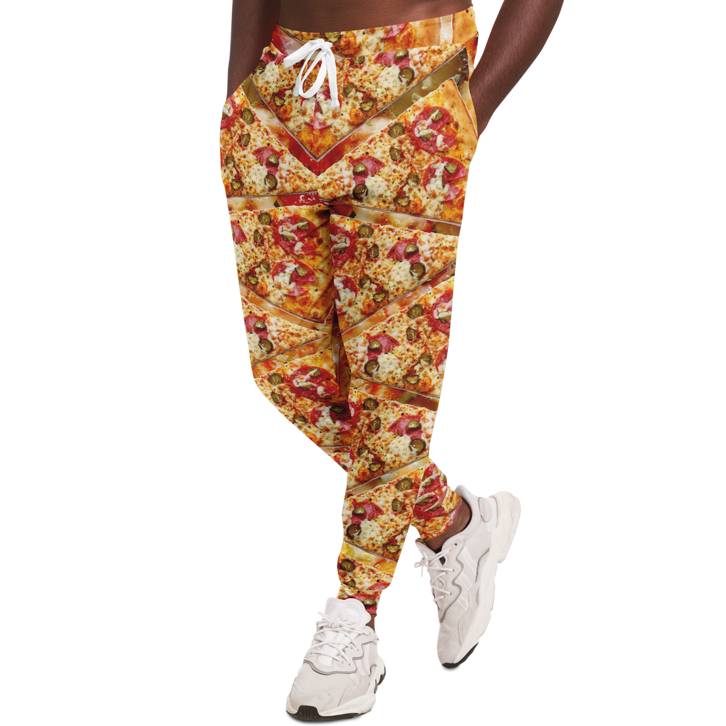 Cheesy Pizza Joggers for Men – Side view with a casual fit and deep pocket styling