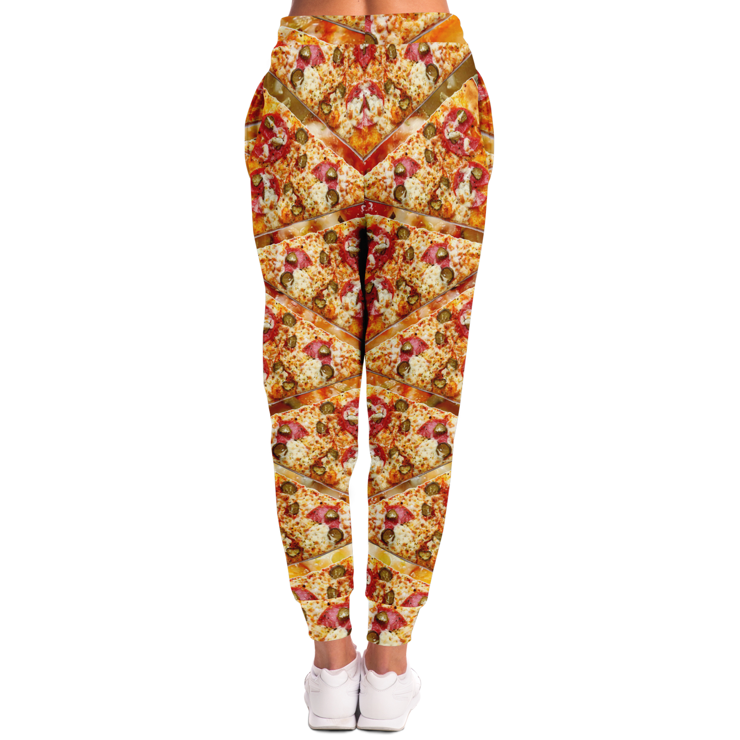 Cheesy Pizza Joggers for Women – Back view capturing the playful print and fitted cuffs