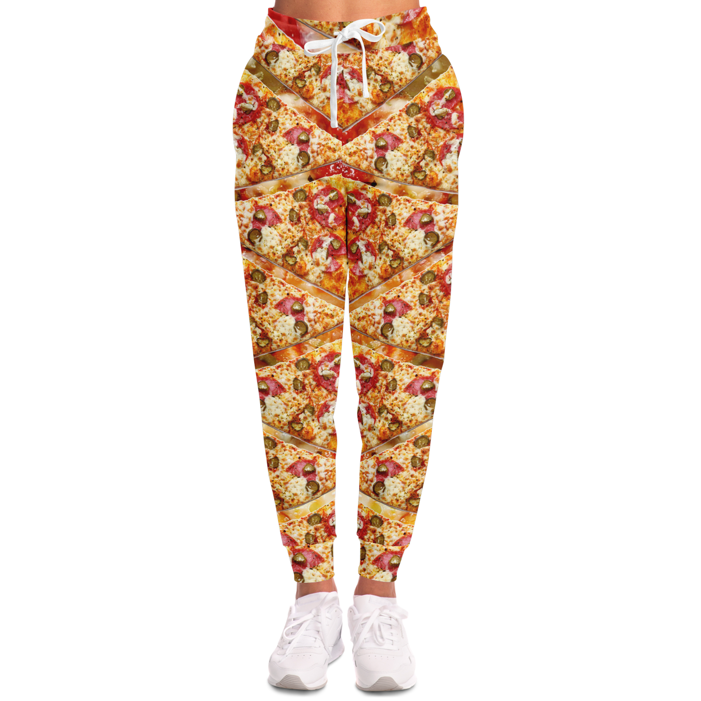 Cheesy Pizza Joggers for Women – Front view with vibrant pizza slices and sporty silhouette