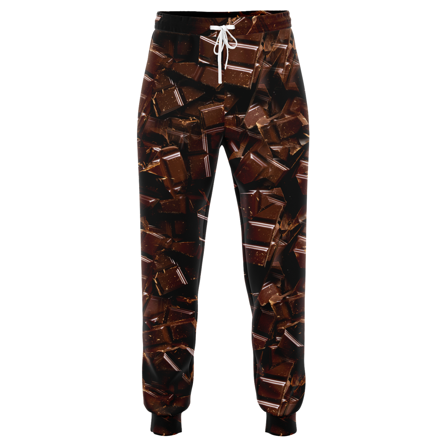 Chocolate Rush Joggers – Front flatlay view displaying a rich, textured chocolate print with drawstring waistband