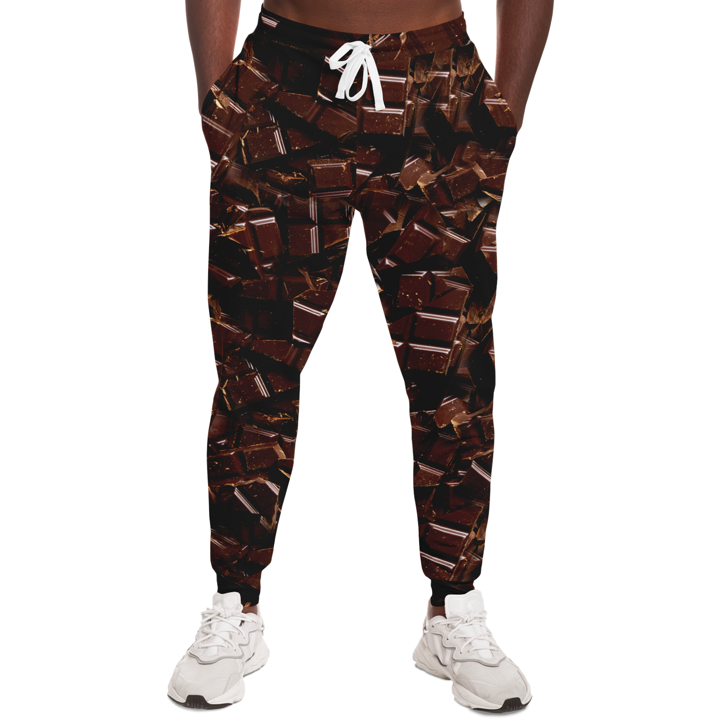 Chocolate Rush Joggers for Men – Full front fit modeled with deep chocolate pattern