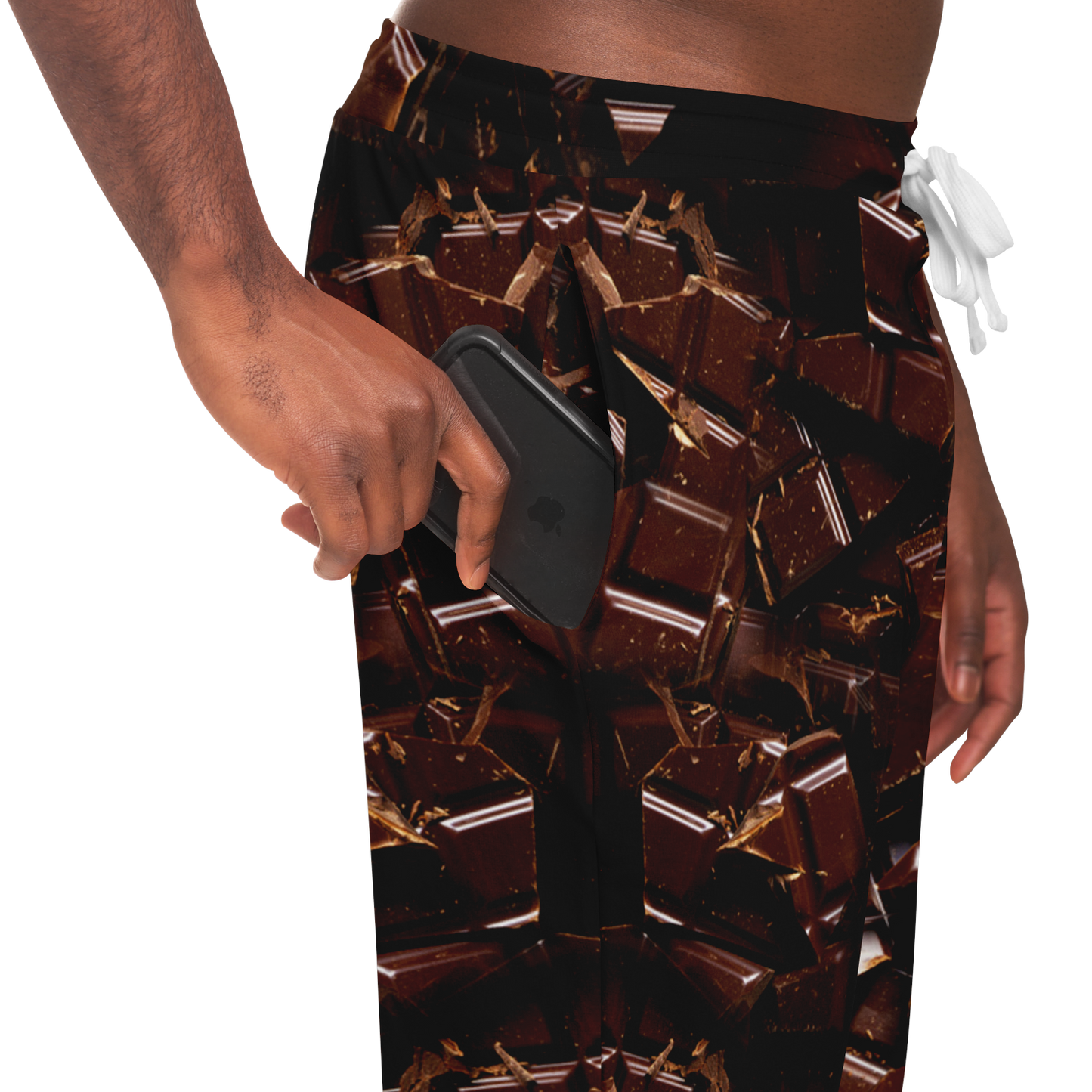 Chocolate Rush Joggers – Close-up of practical pocket design against chocolate swirl background