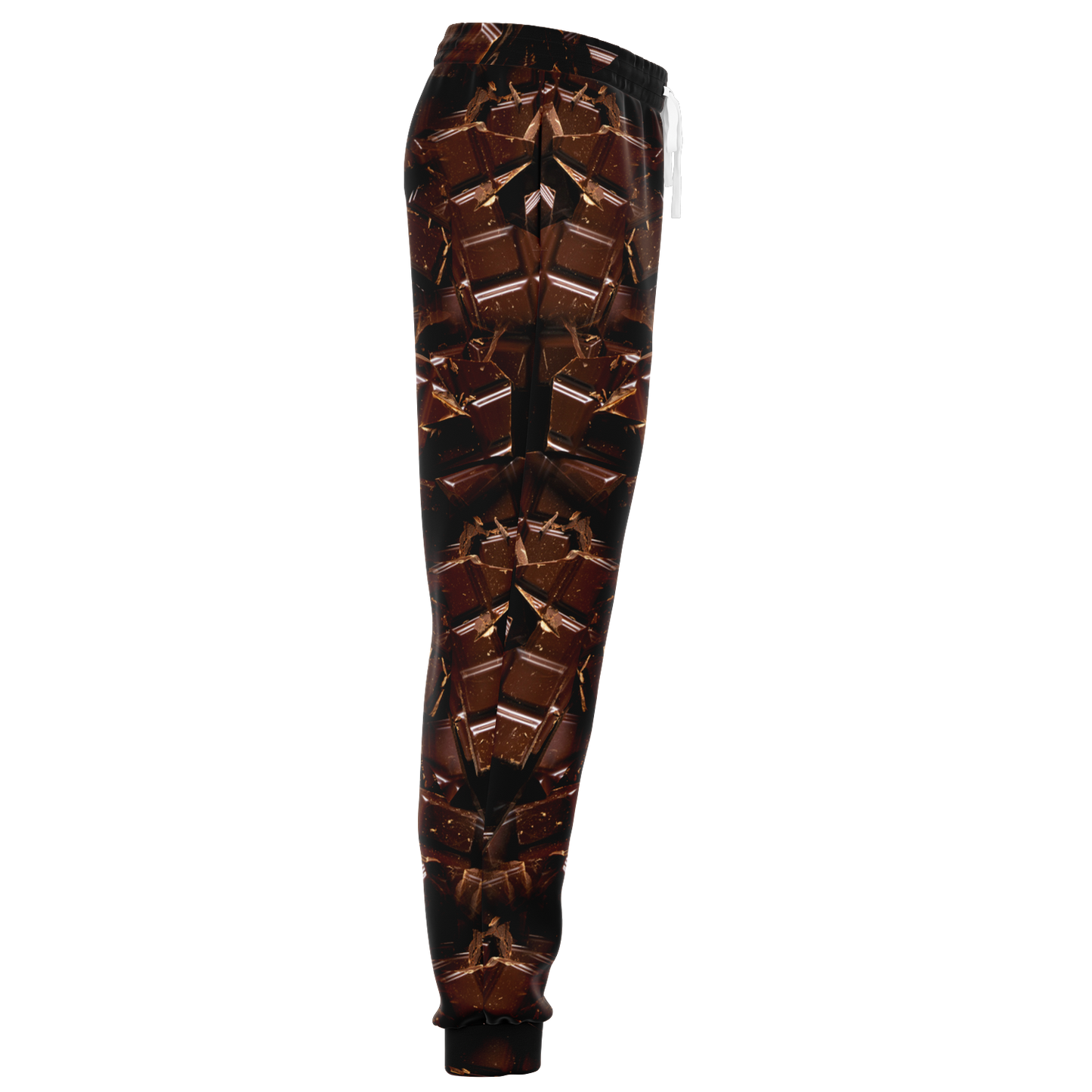 Chocolate Rush Joggers – Angled side view highlighting the symmetry and depth of the chocolate-themed print