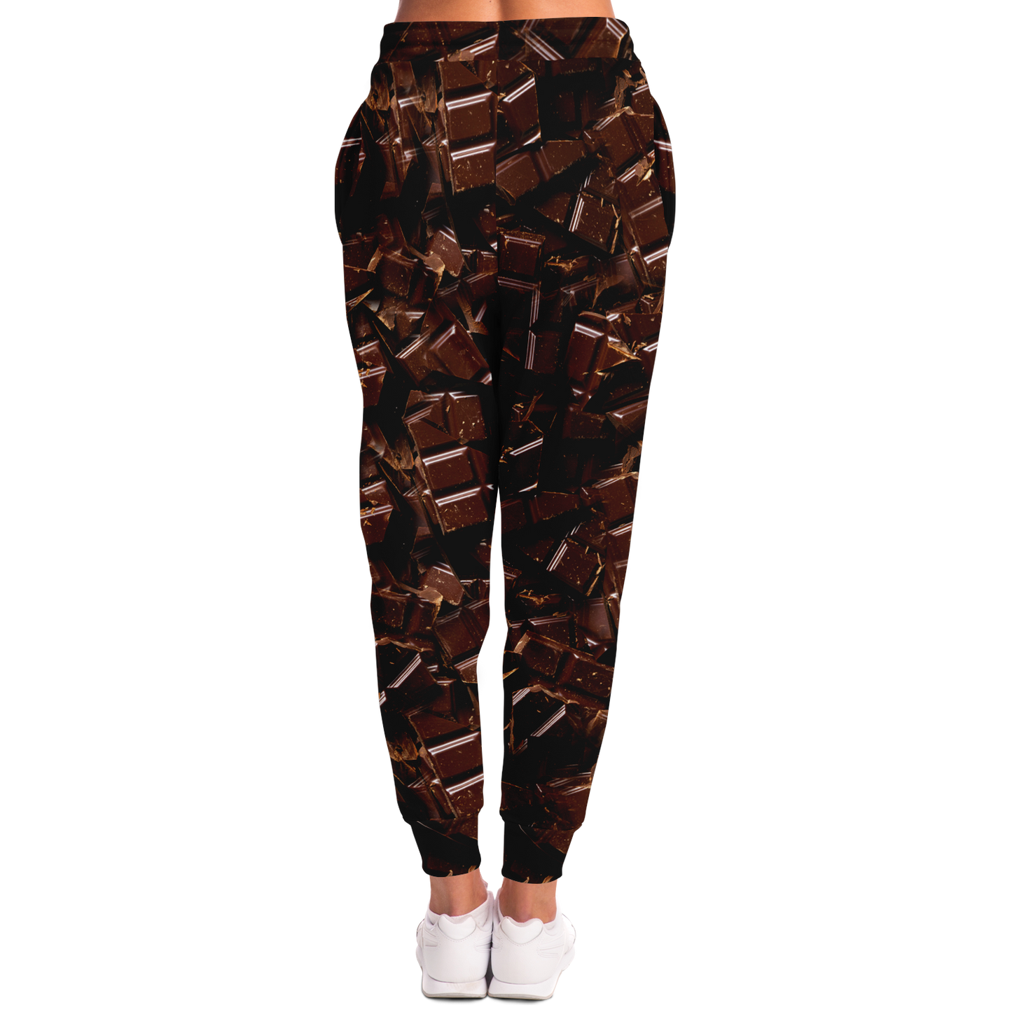 Chocolate Rush Joggers for Women – Back view emphasizing the fitted silhouette and cocoa pattern