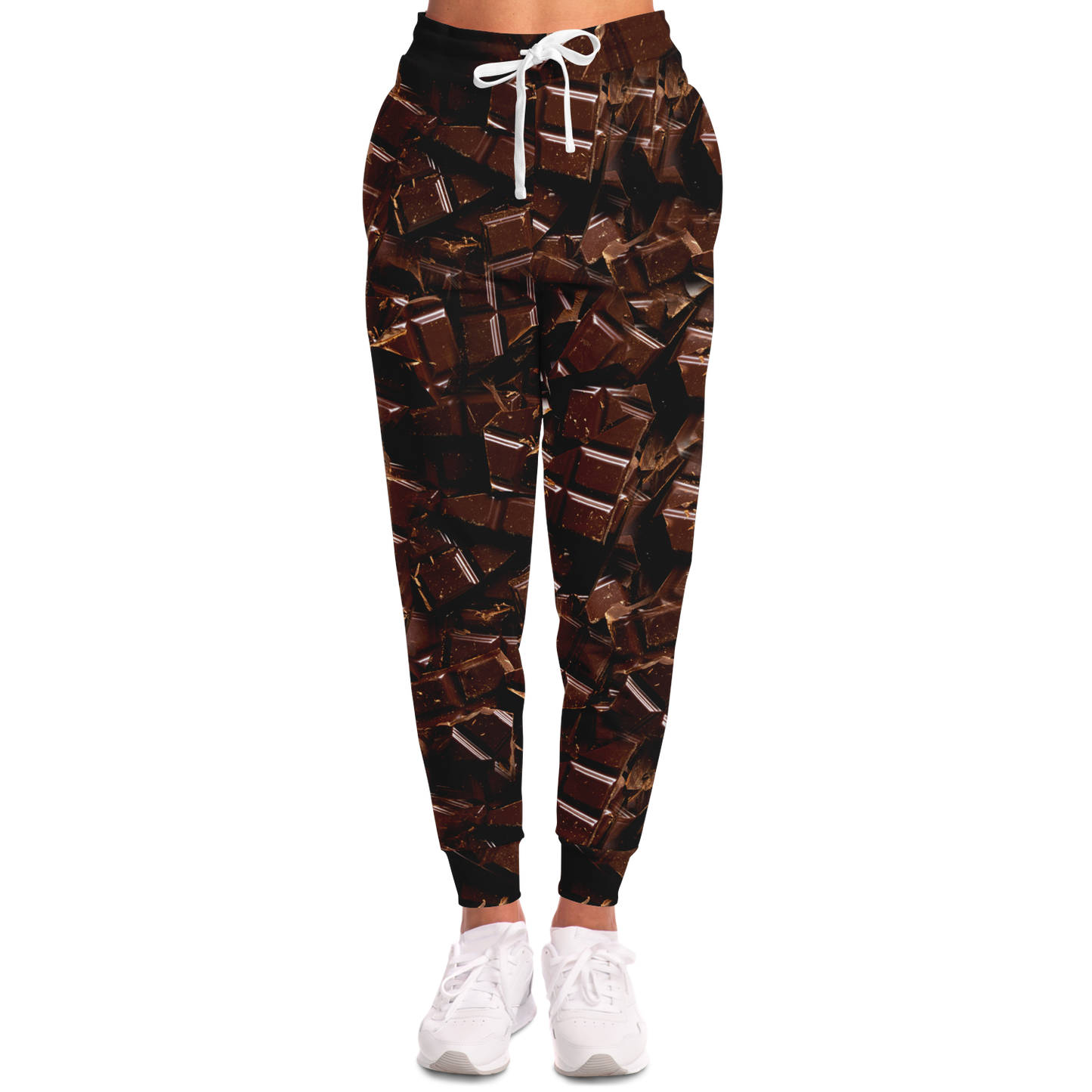 Chocolate Rush Joggers for Women – Front fit with sleek waistband and warm-toned print