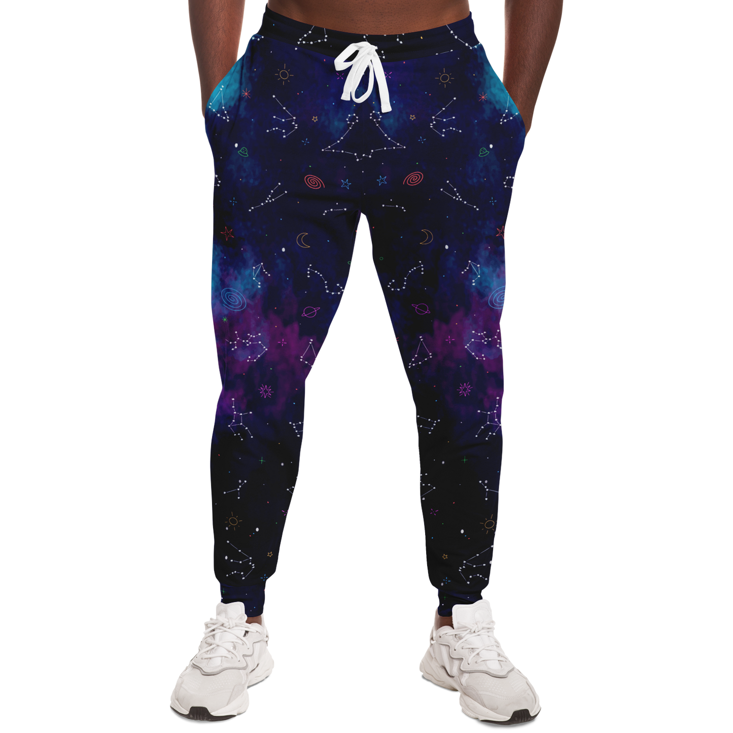 Cosmocharm Joggers for Men – Front look with vibrant cosmic pattern and sporty vibe