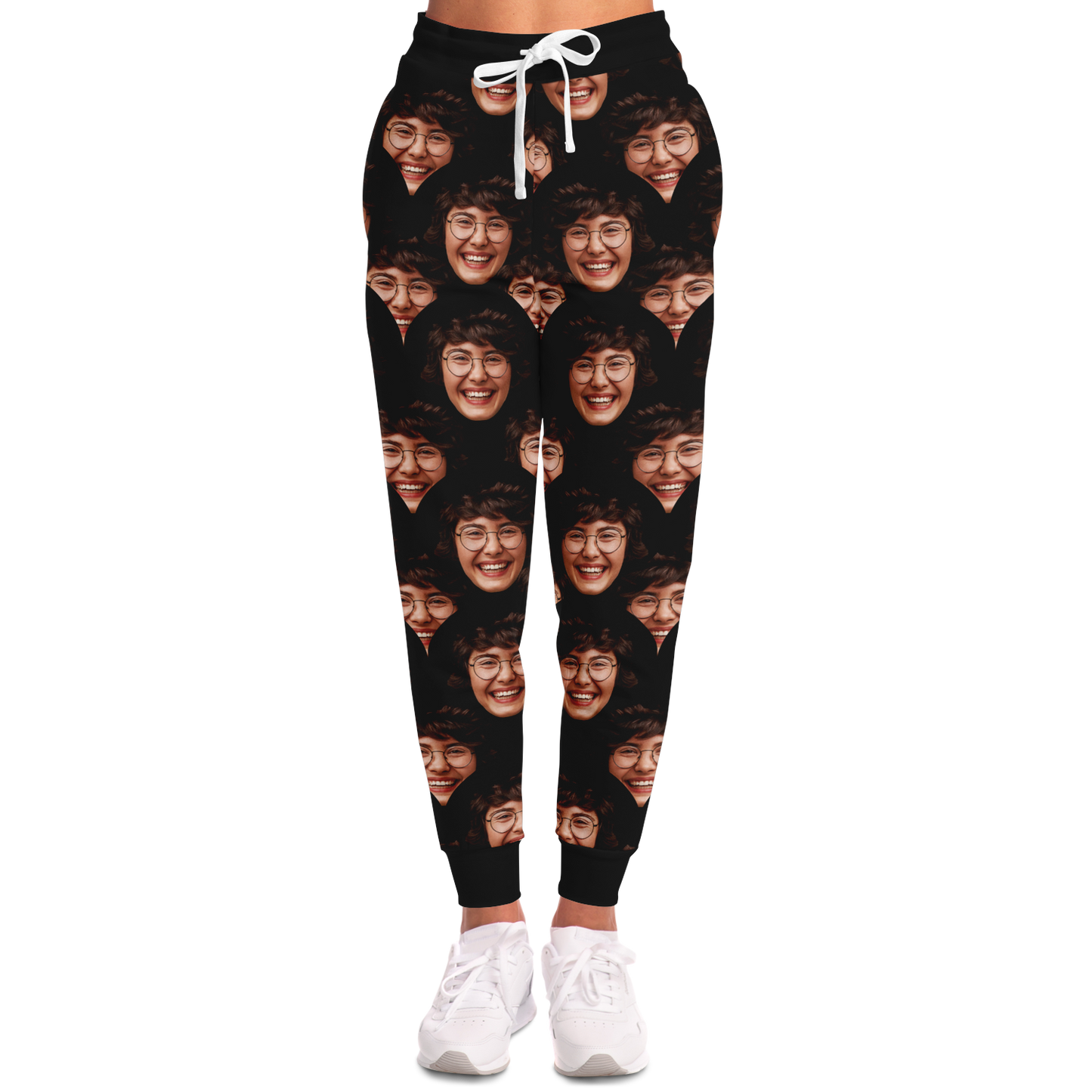 Women’s Custom Joggers – Front view tailored to feminine fit, ready for your face or artwork design