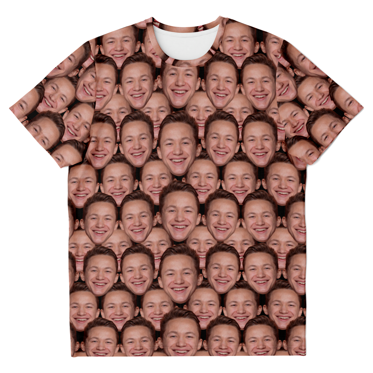 Custom face print t-shirt with repeated face pattern, front flat lay view
