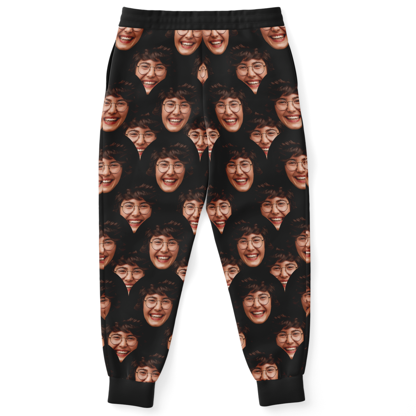 Custom Joggers – Back view showcasing fully customizable face or personal artwork pattern