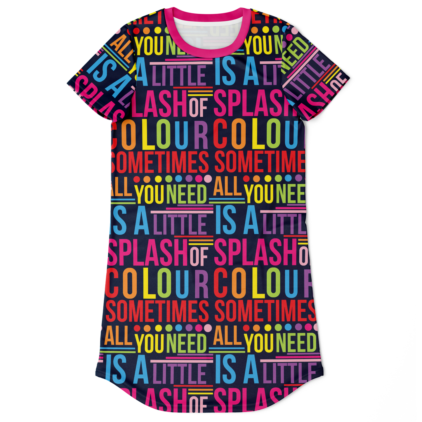 colorful t-shirt dress,
graphic print t-shirt dress,
bold print dress