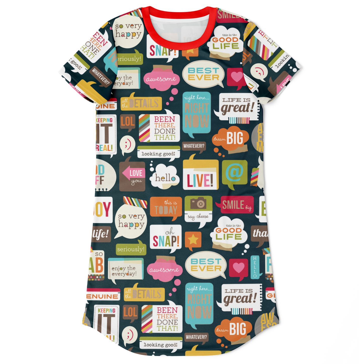 fun casual t-shirt dress
all-over print t- shirt dress
casual everyday dress