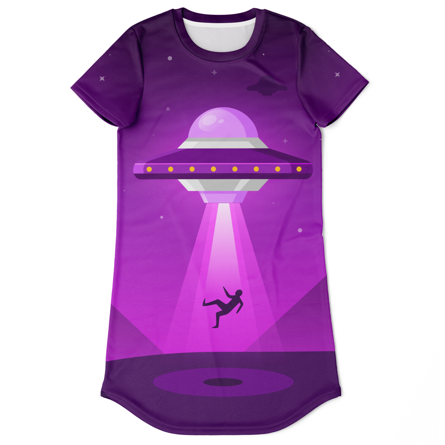 purple t-shirt dress,
cosmic print dress,
space theme outfit