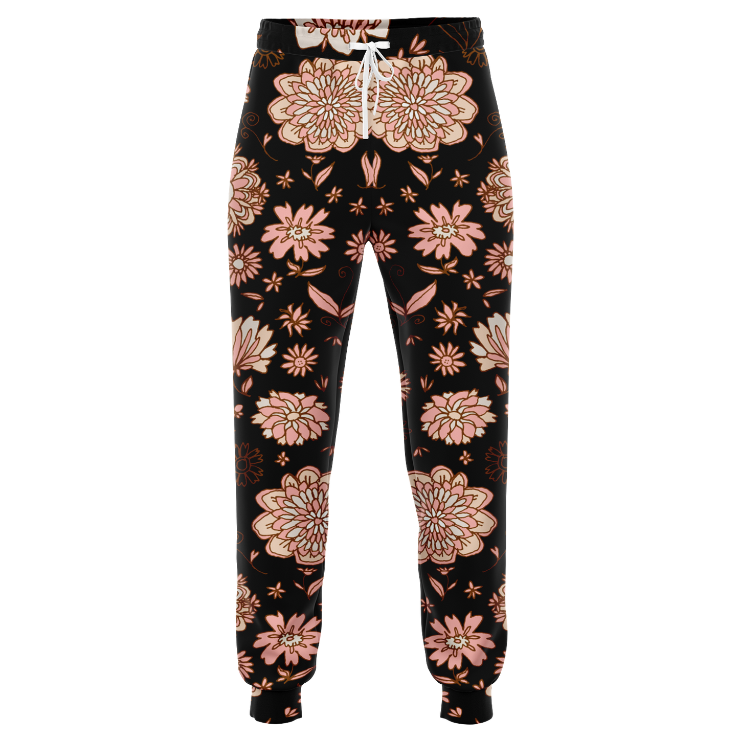 Floral Print Joggers – Front view highlighting soft floral artwork on a deep black base