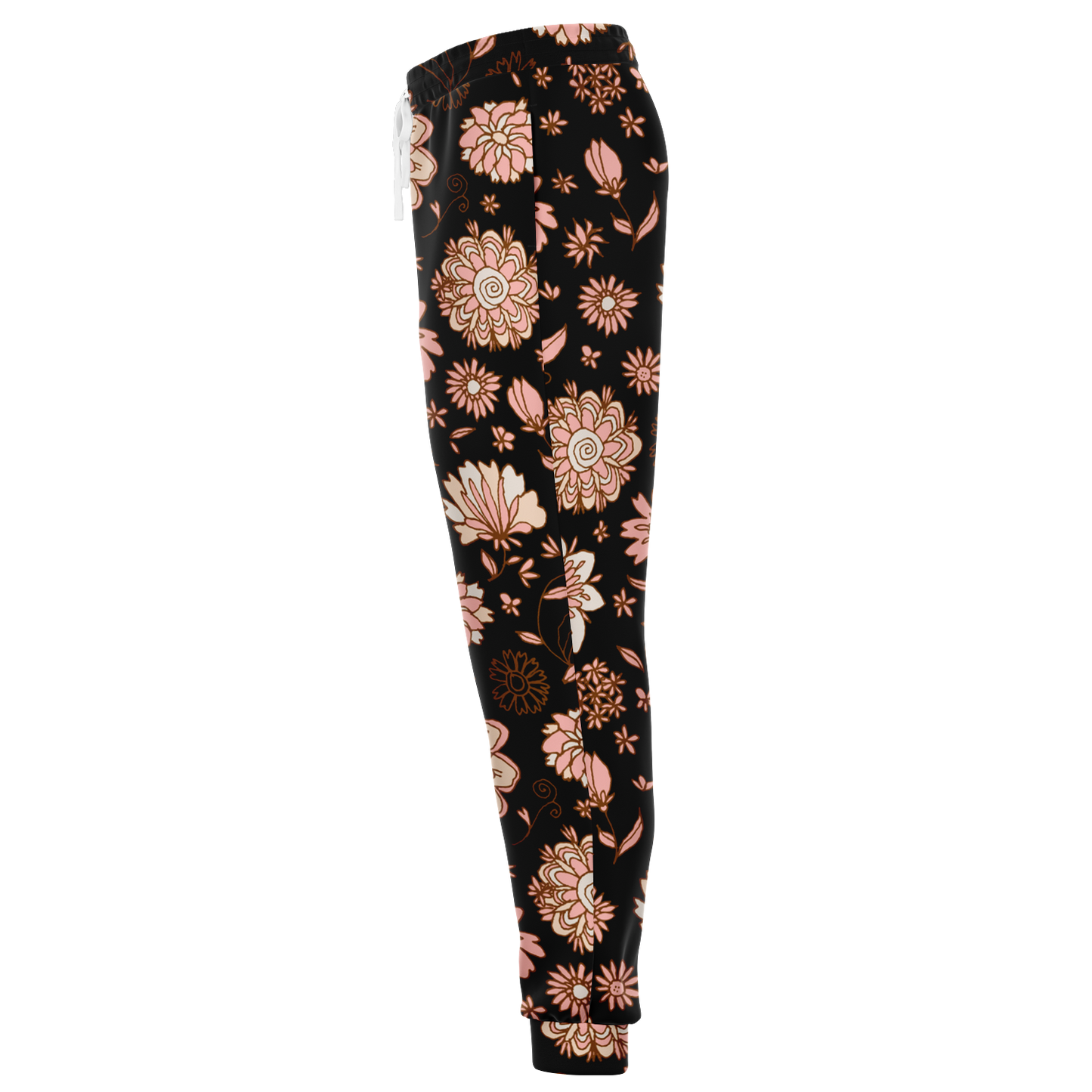 Floral Print Joggers – Side profile highlighting the graceful flow of peach floral motifs on black fabric