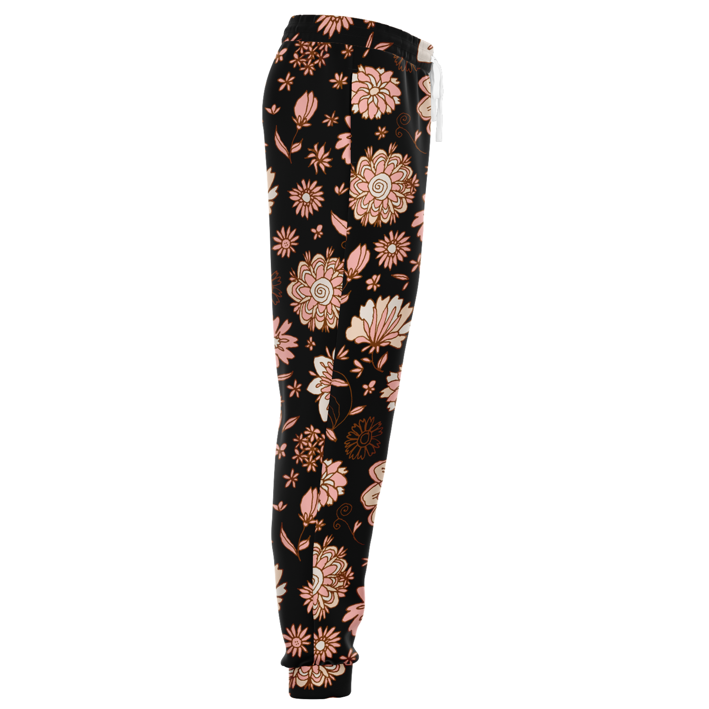 Floral Print Joggers – Side profile highlighting the graceful flow of peach floral motifs on black fabric