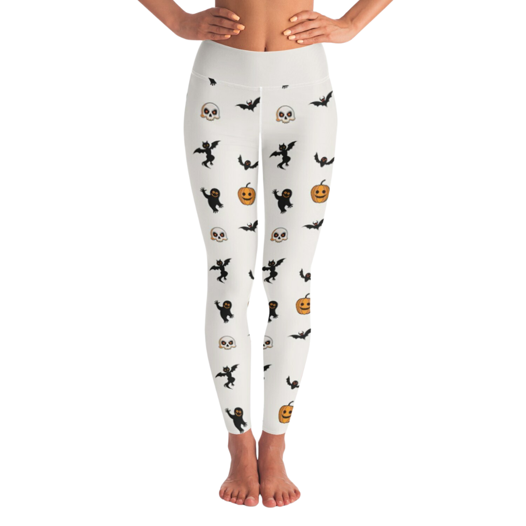 White leggings with Halloween-themed patterns on a white background