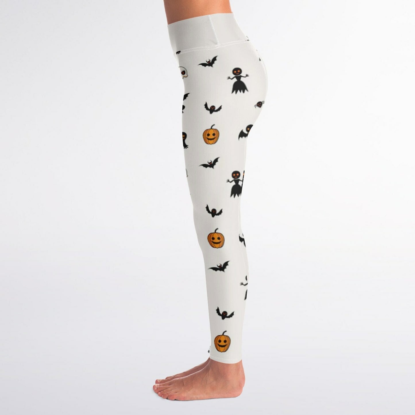 Leggings with Halloween-themed pattern on a white background