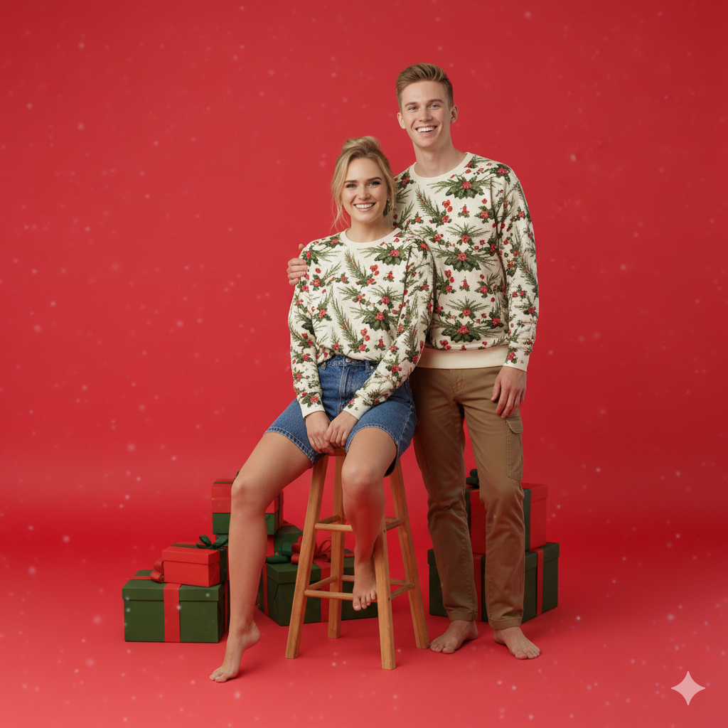Two people wearing festive sweaters standing against a red background with gift boxes.