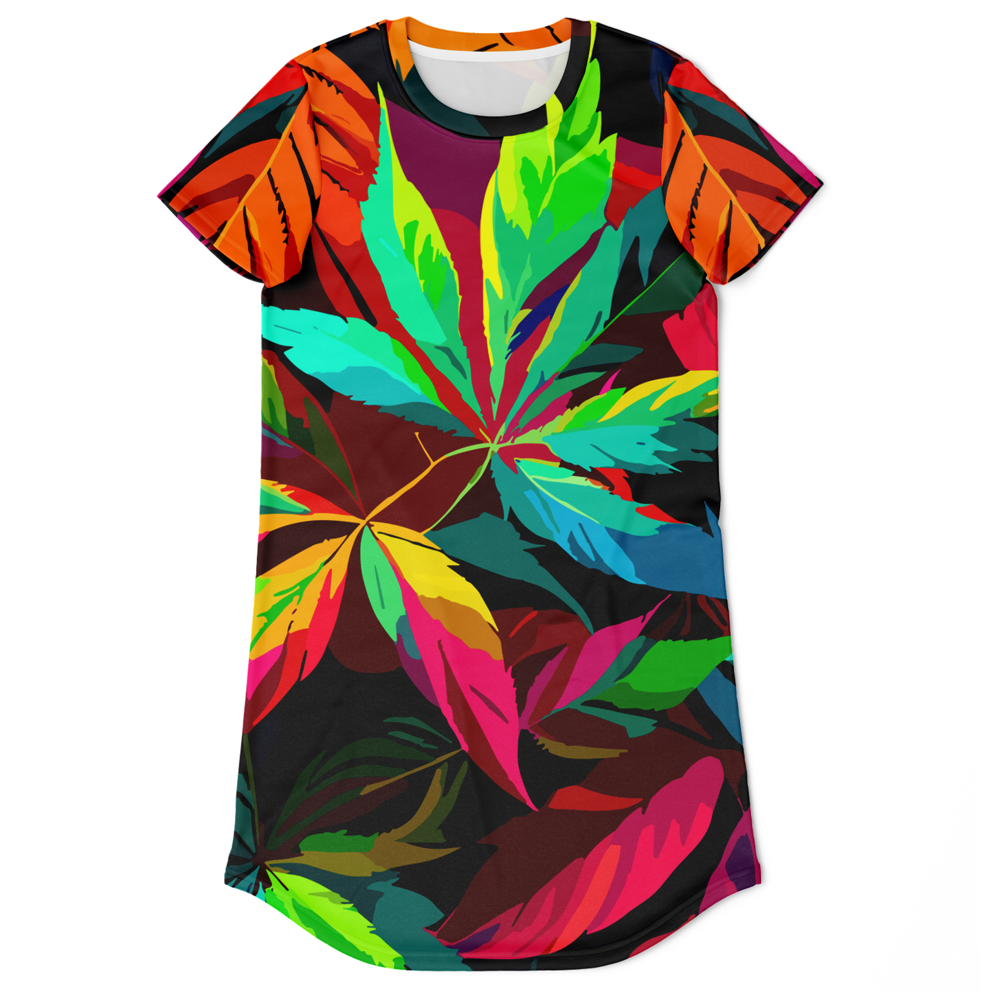 colorful t-shirt dress,
leaf print dress,
LEAF PRINT