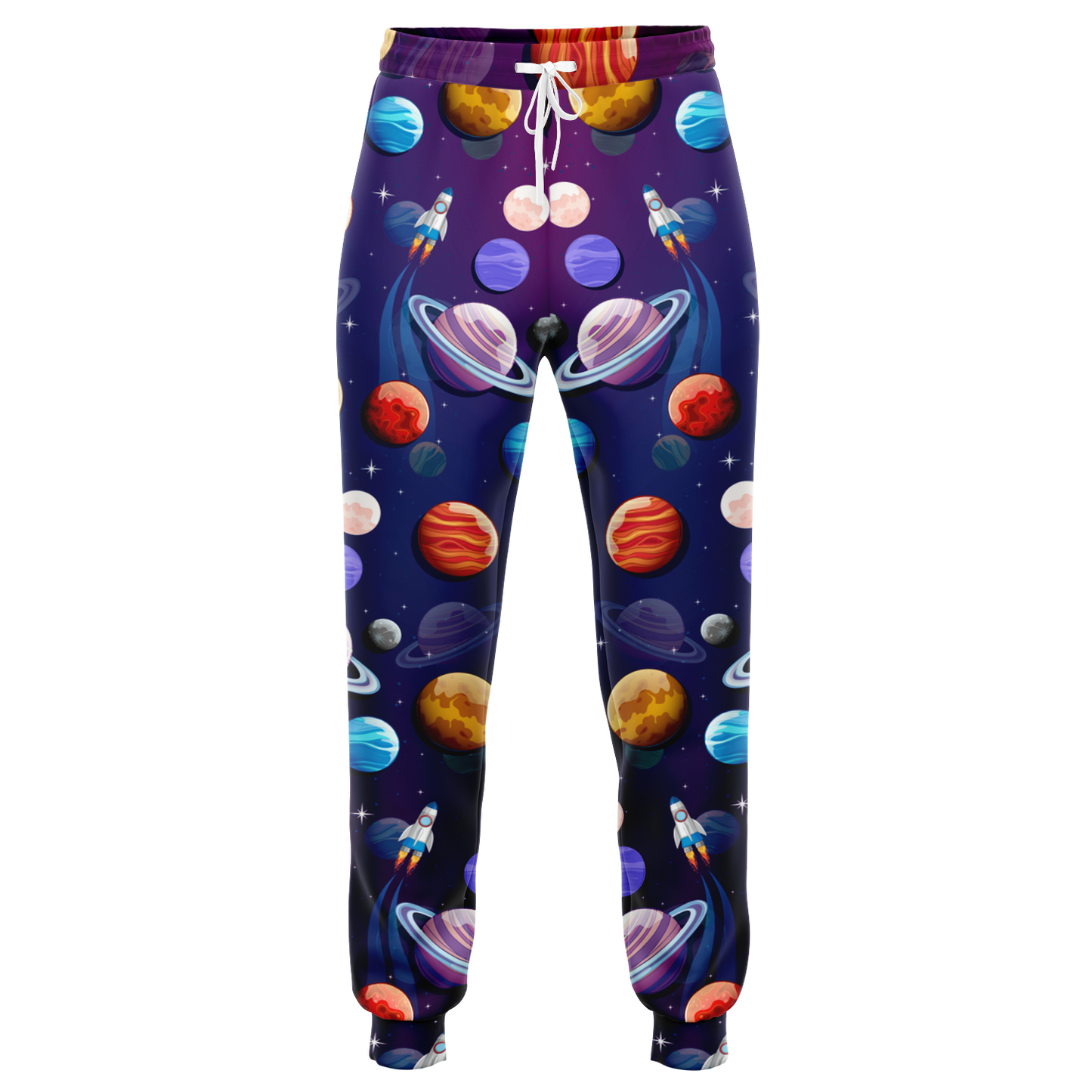 Planet Pop Joggers Front view with a playful cosmic design in bold colors