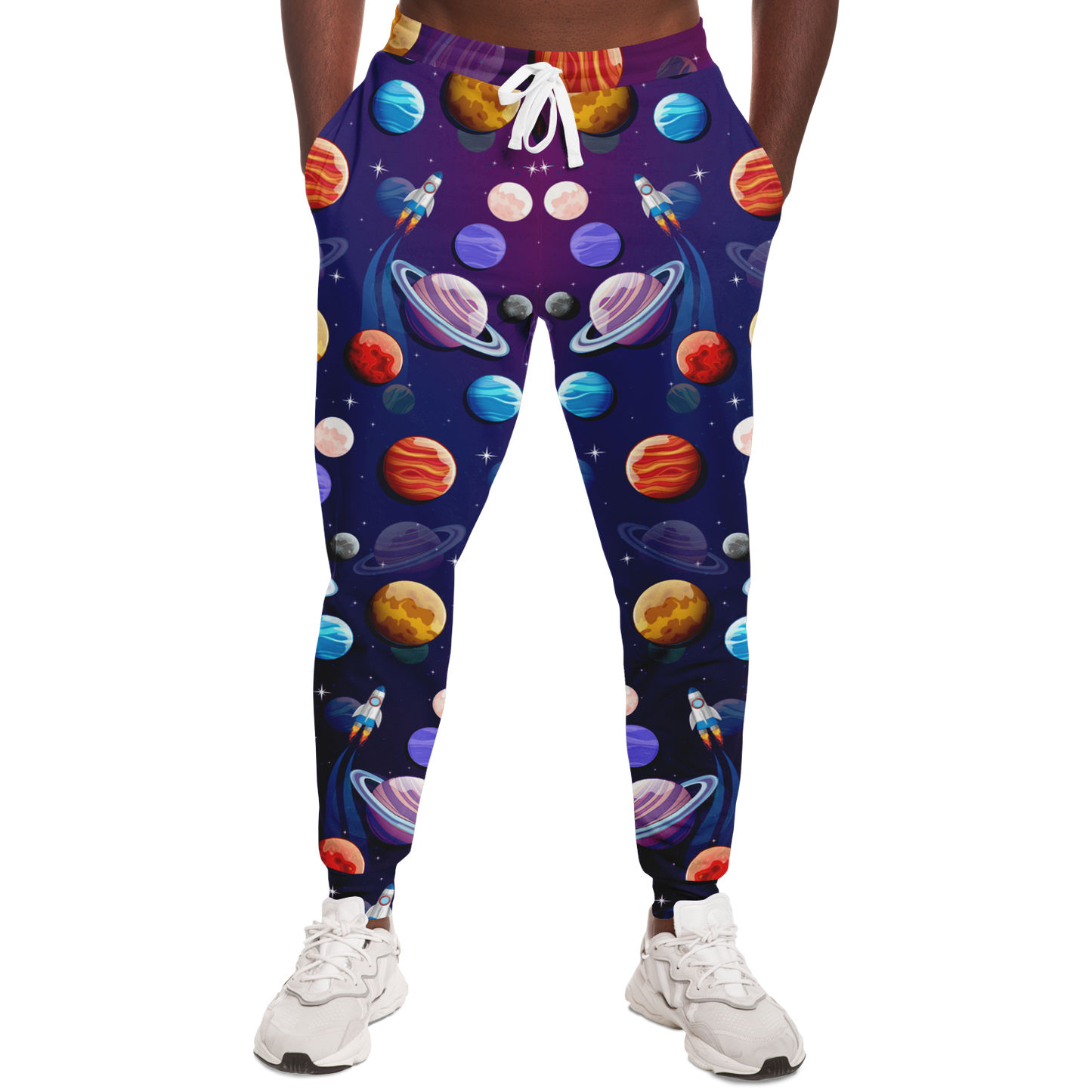 Planet Pop Joggers for Men – Front view highlighting a playful space-themed print
