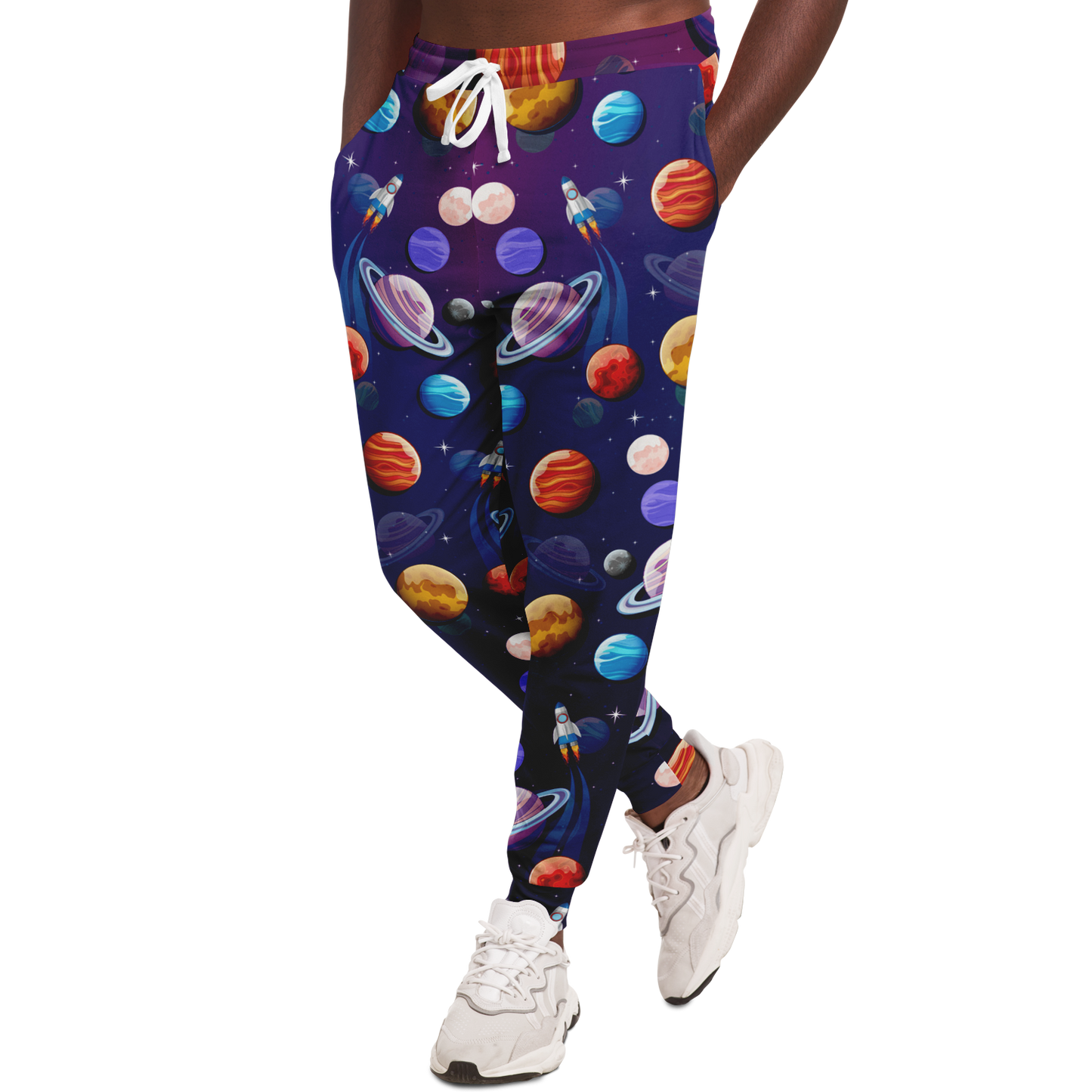 Planet Pop Joggers for Men – Angled pose showing relaxed fit and vibrant galaxy print