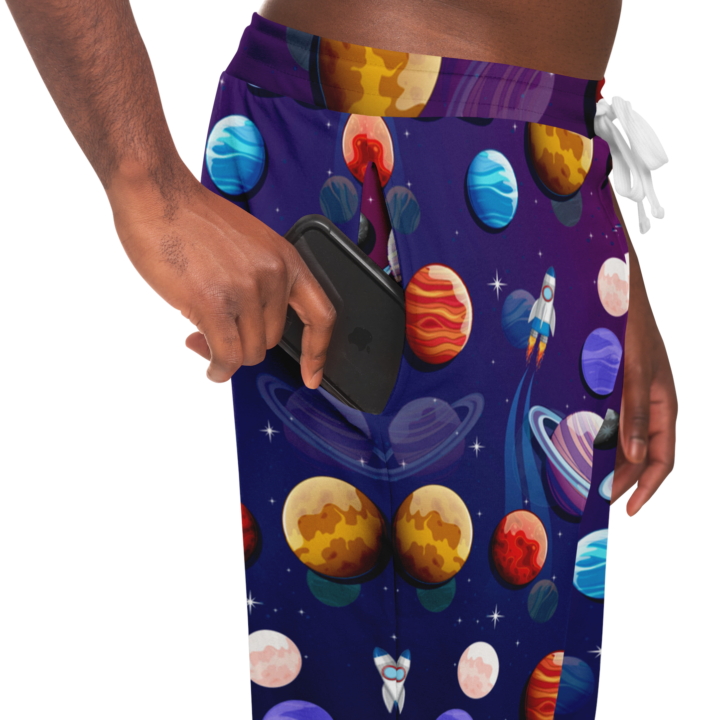 Planet Pop Joggers for Men – Model in motion showcasing comfortable fit and colorful planet design