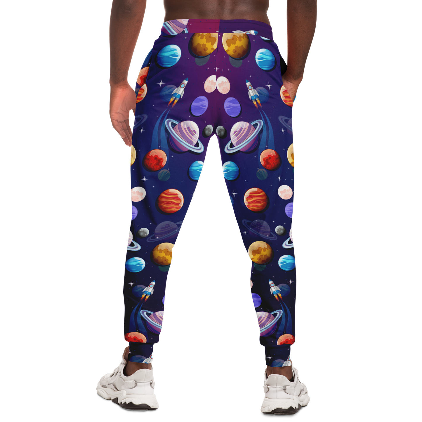 Planet Pop Joggers for Men – Back view showing a full planetary pattern across both legs