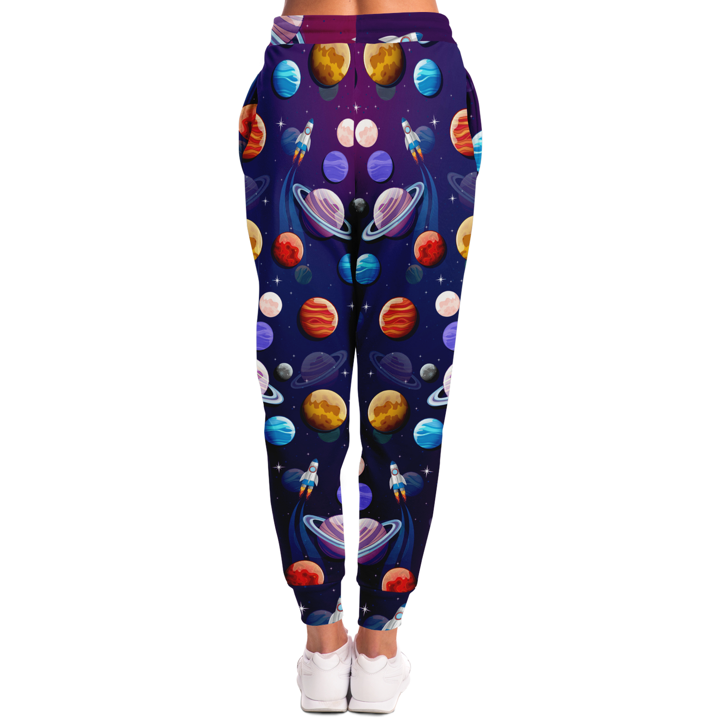 Planet Pop Joggers for Women – Back view featuring playful planetary prints in vivid cosmic hues