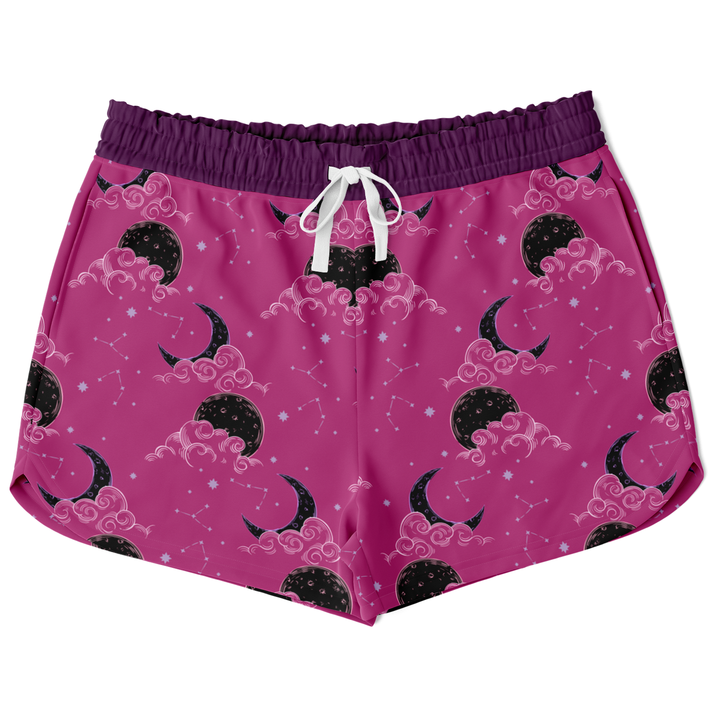 drawstring shorts,
polyester shorts,
celestial print,
women short,
purple shorts