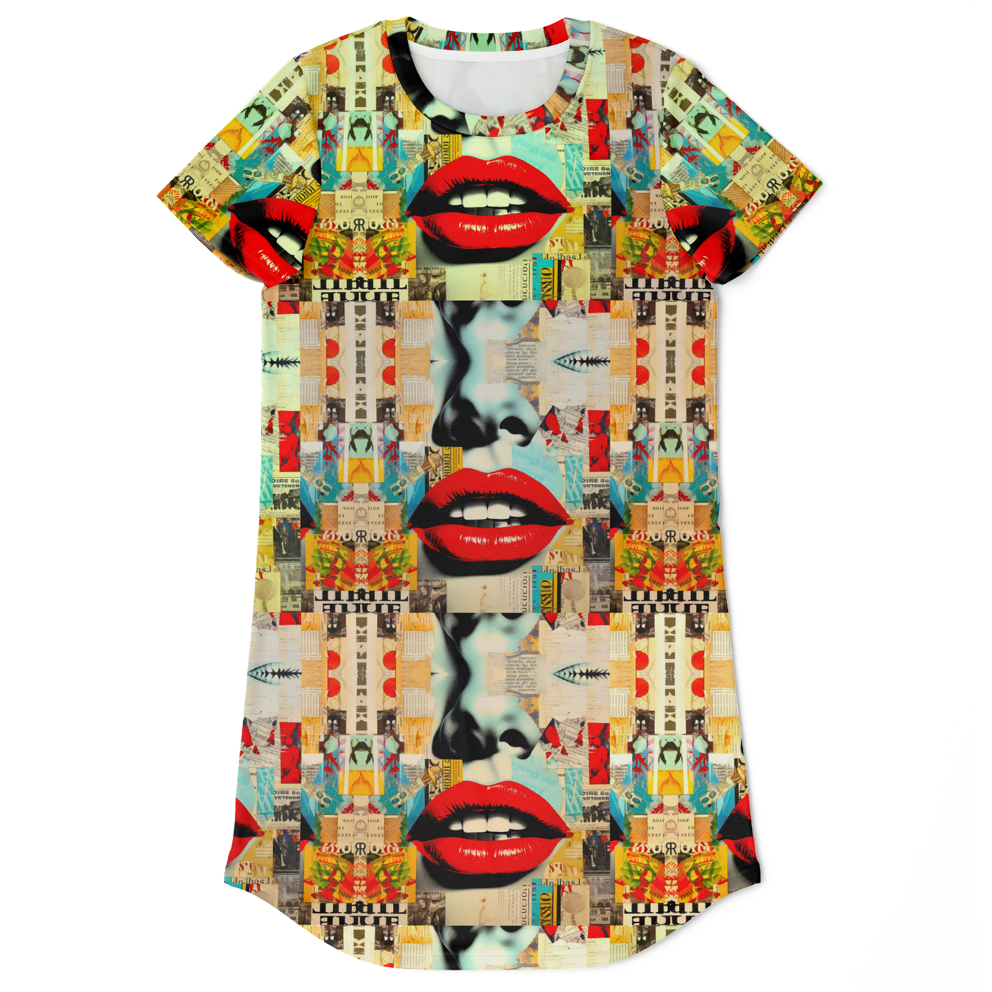 lips print dress,
colorful t-shirt dress,
wearable art dress,
unique pattern dress