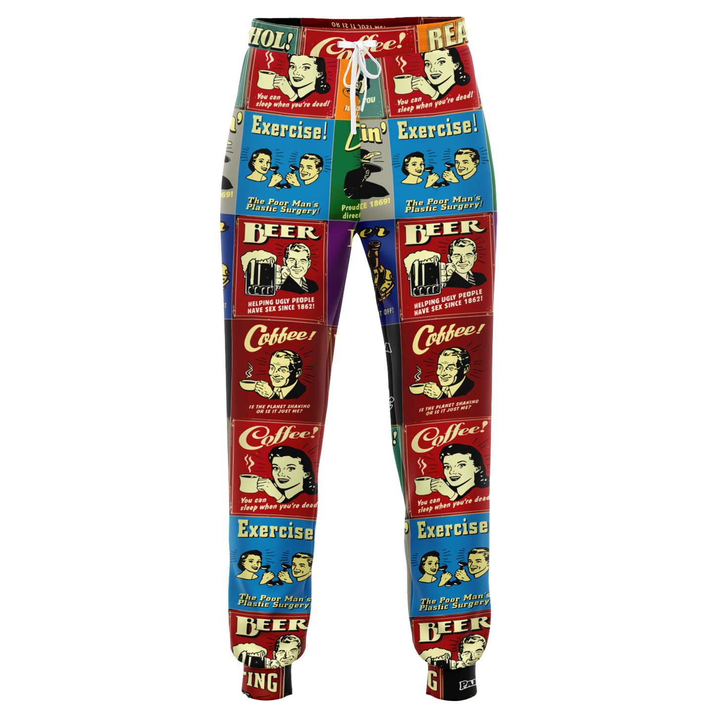 Flatlay front view of Retro Rewind joggers featuring bold vintage blocks in multiple colors