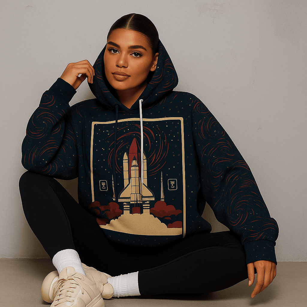 female sitting in the rocket launch hoodie