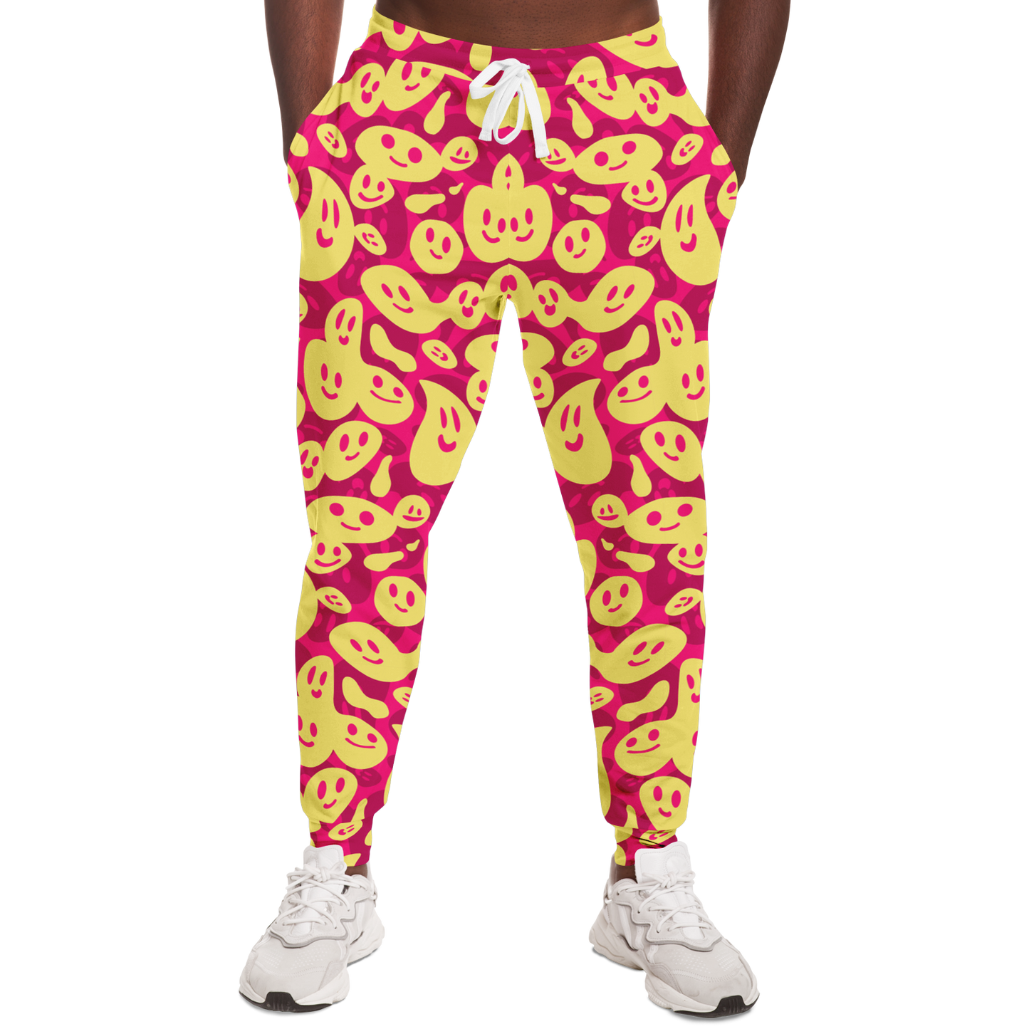 Smiley Loop Joggers – Front angled view in motion, highlighting fun design and relaxed structure