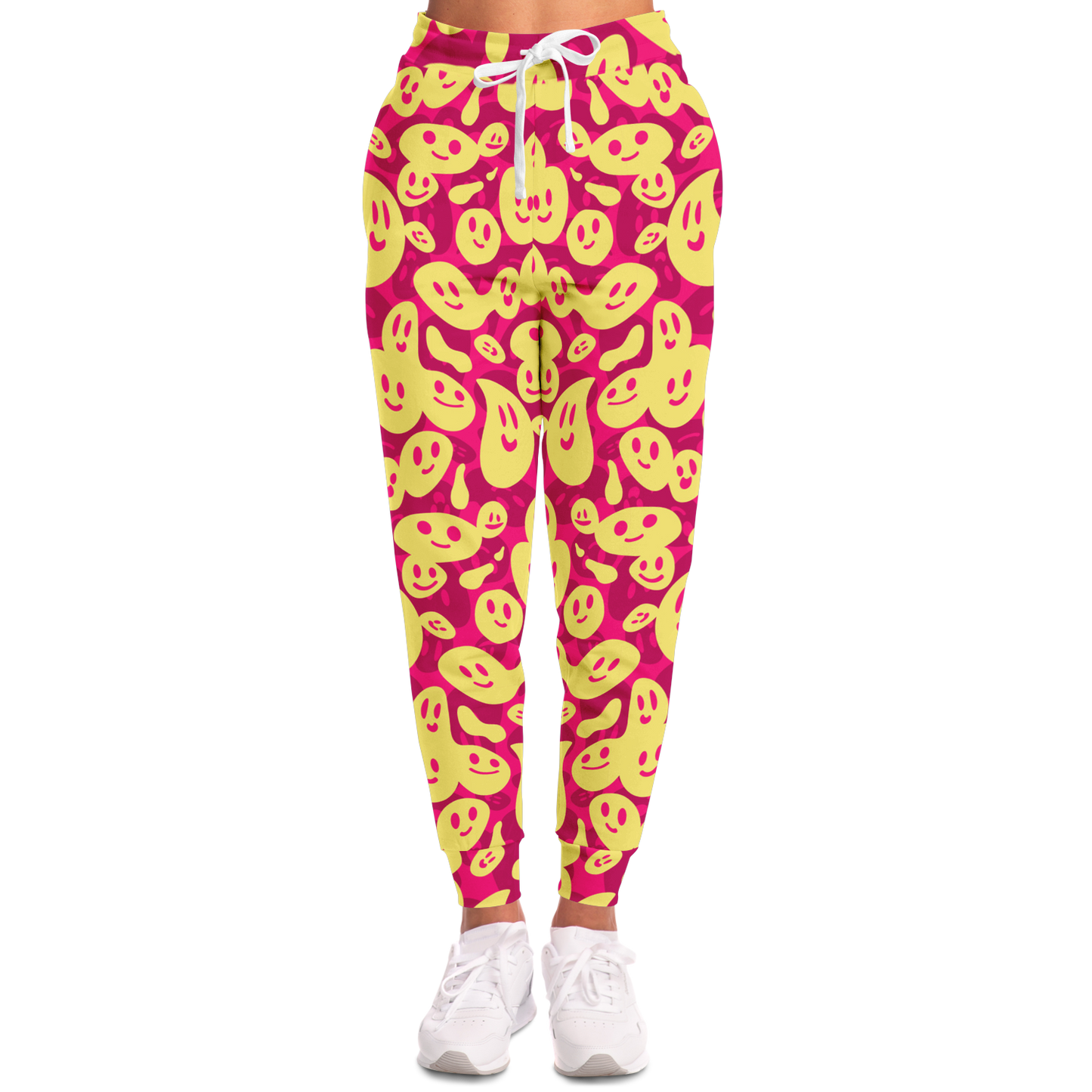 Smiley Loop Joggers – Full body back view showing tapered ankle fit and vivid print detail
