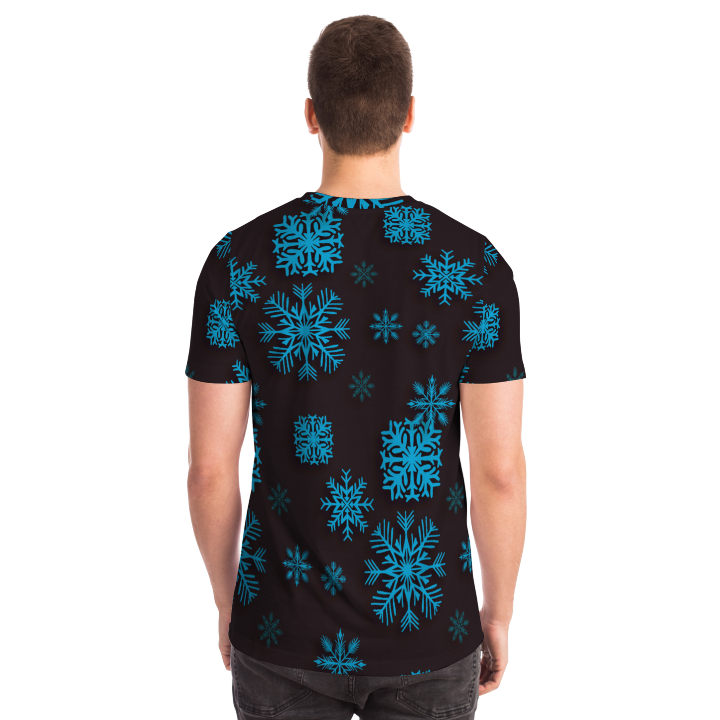 Santa Claus T-shirt – male model back view showing snowflake pattern