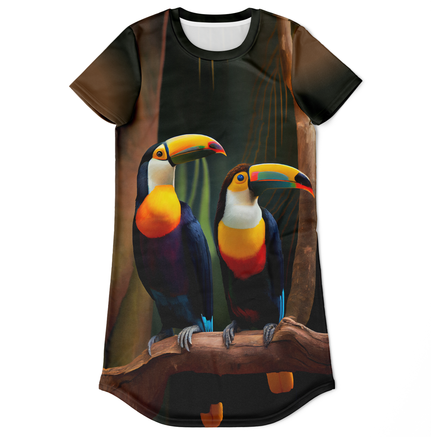 brown tshirt dress,
bird print dress