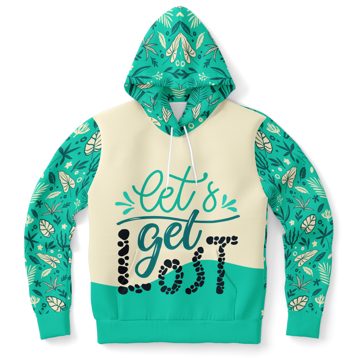leaf print,
green and beige hoodie,
unisex hoodie,
adventure hoodie,
leaf print hoodie
