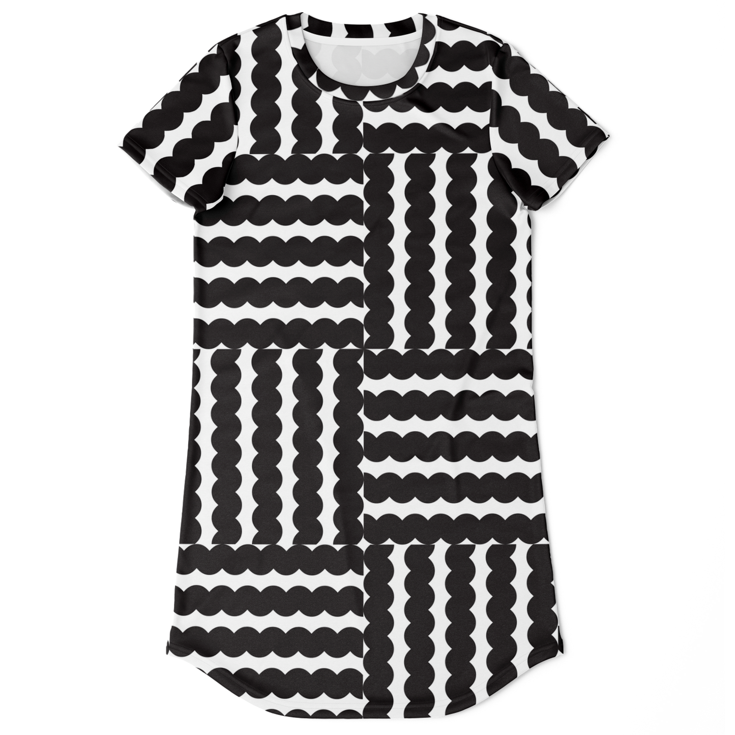 black and white t-shirt dress,
modern print dress,
unique pattern dress