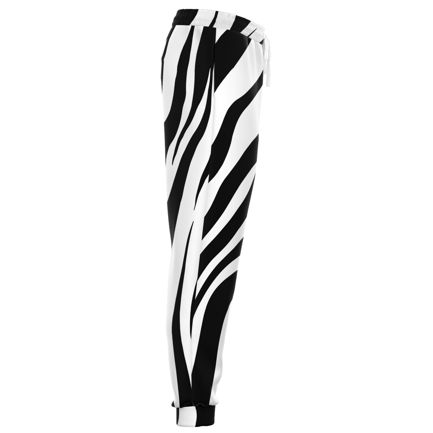 Zebra Print Joggers – Side view highlighting the flowing black and white stripe pattern with a sleek tapered fit