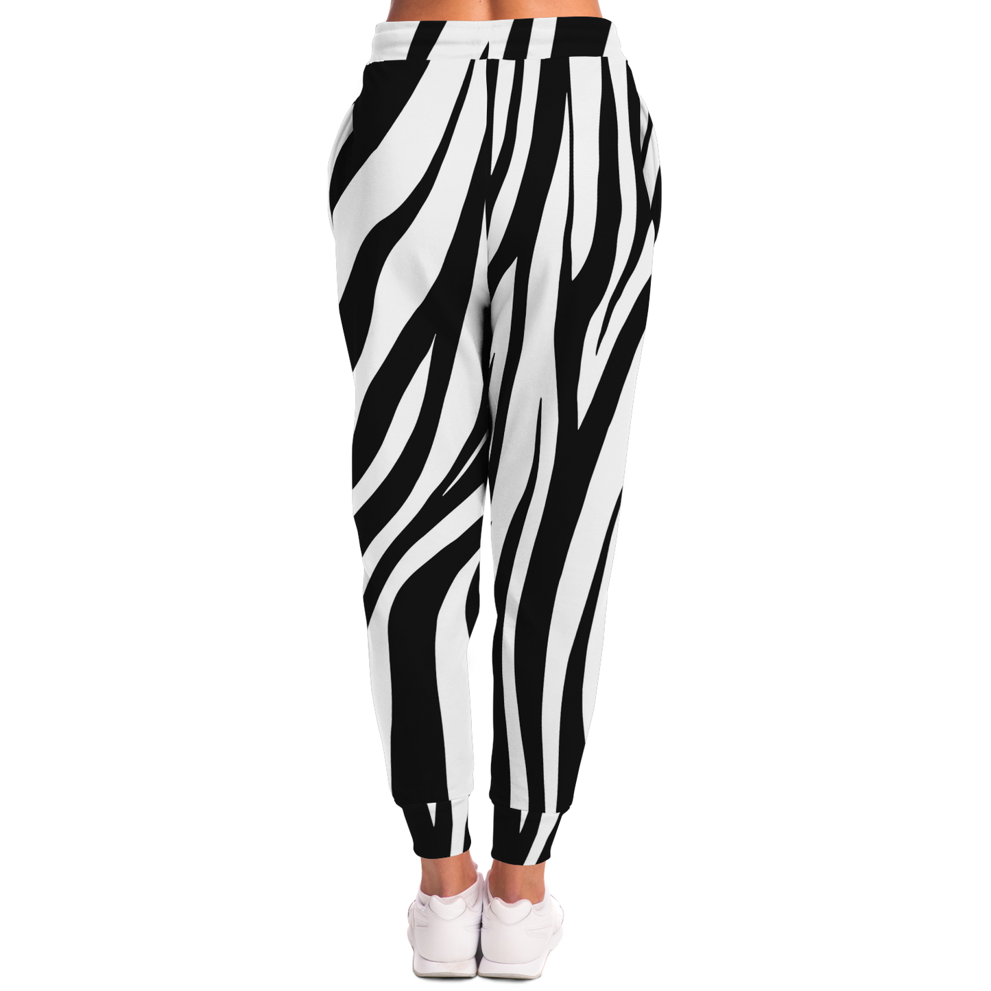 Women’s Zebra Print Joggers – Back angle emphasizing fit and fluid stripe movement