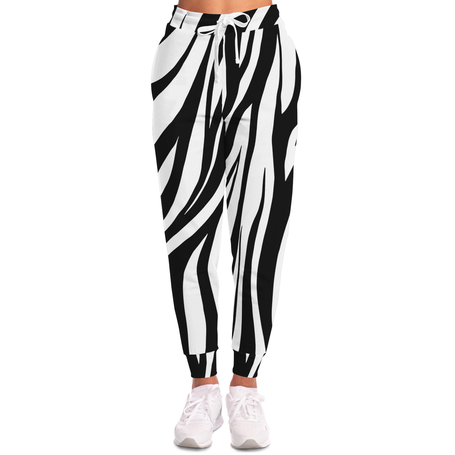 Women’s Zebra Print Joggers – Front view blending wild aesthetic with everyday comfort