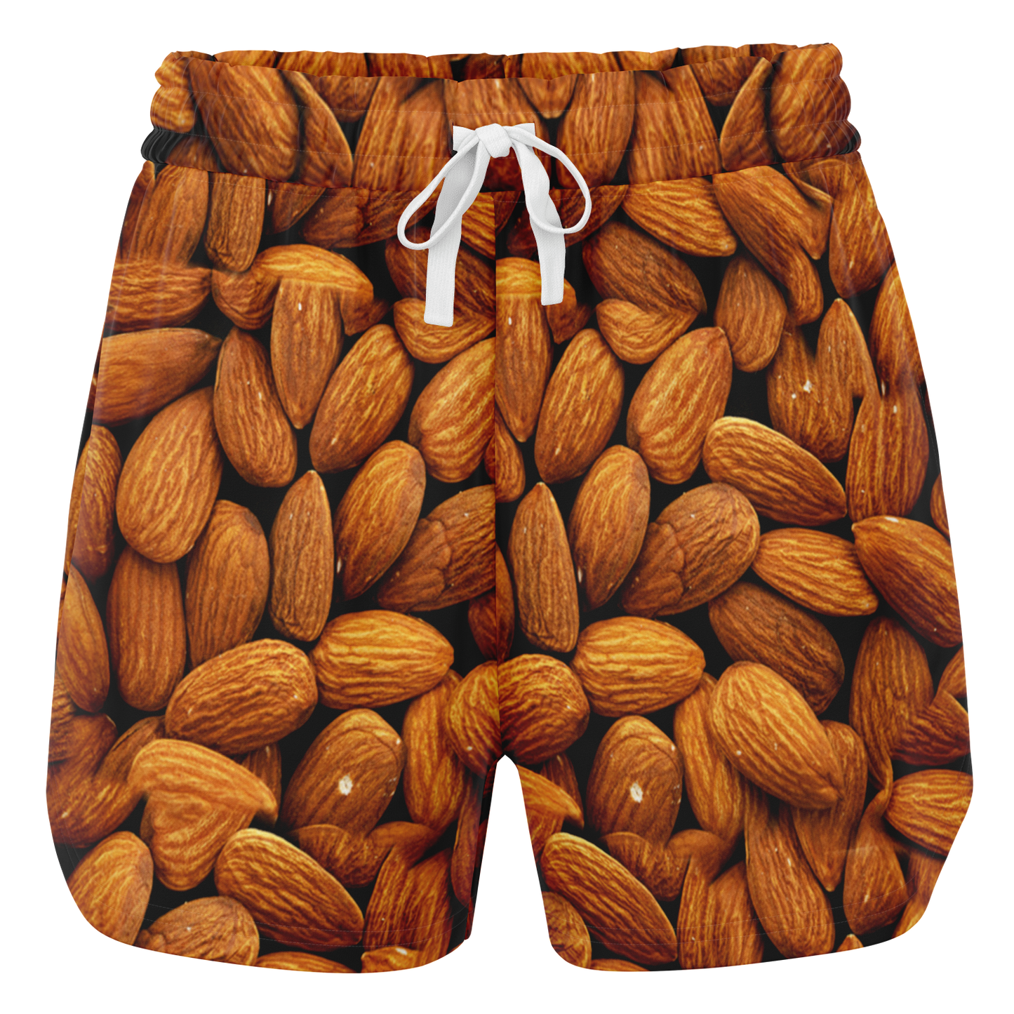 Almond Flex Shorts front view with almond pattern design on transparent background
