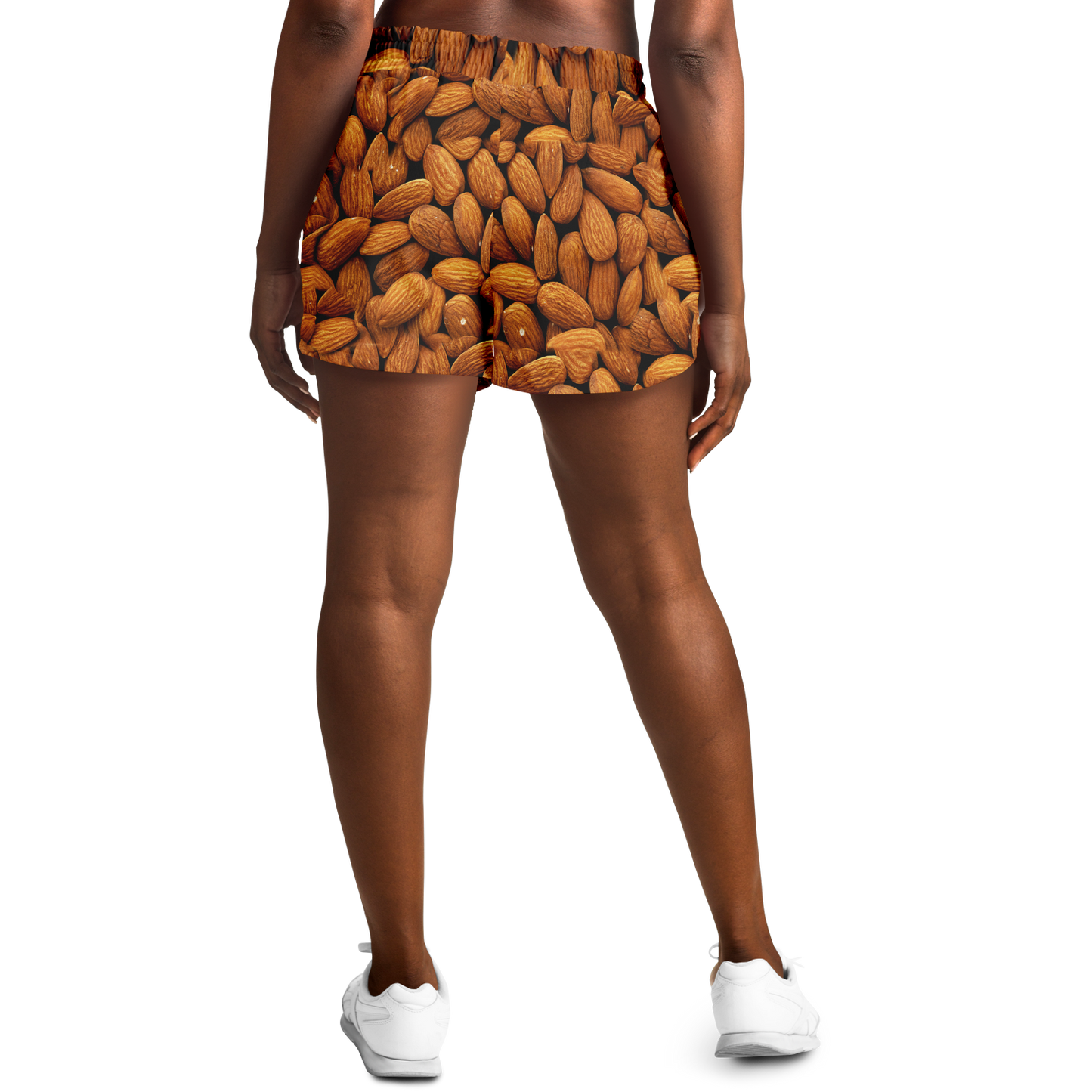 Model wearing Almond Flex Shorts back view with almond pattern design