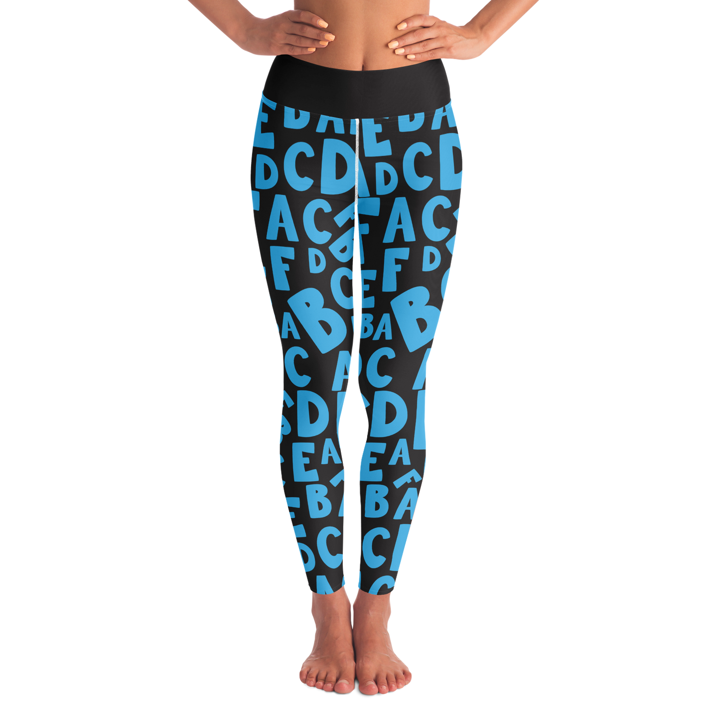 Alphabet Play Leggings – Front view of leggings with playful blue letters on black background