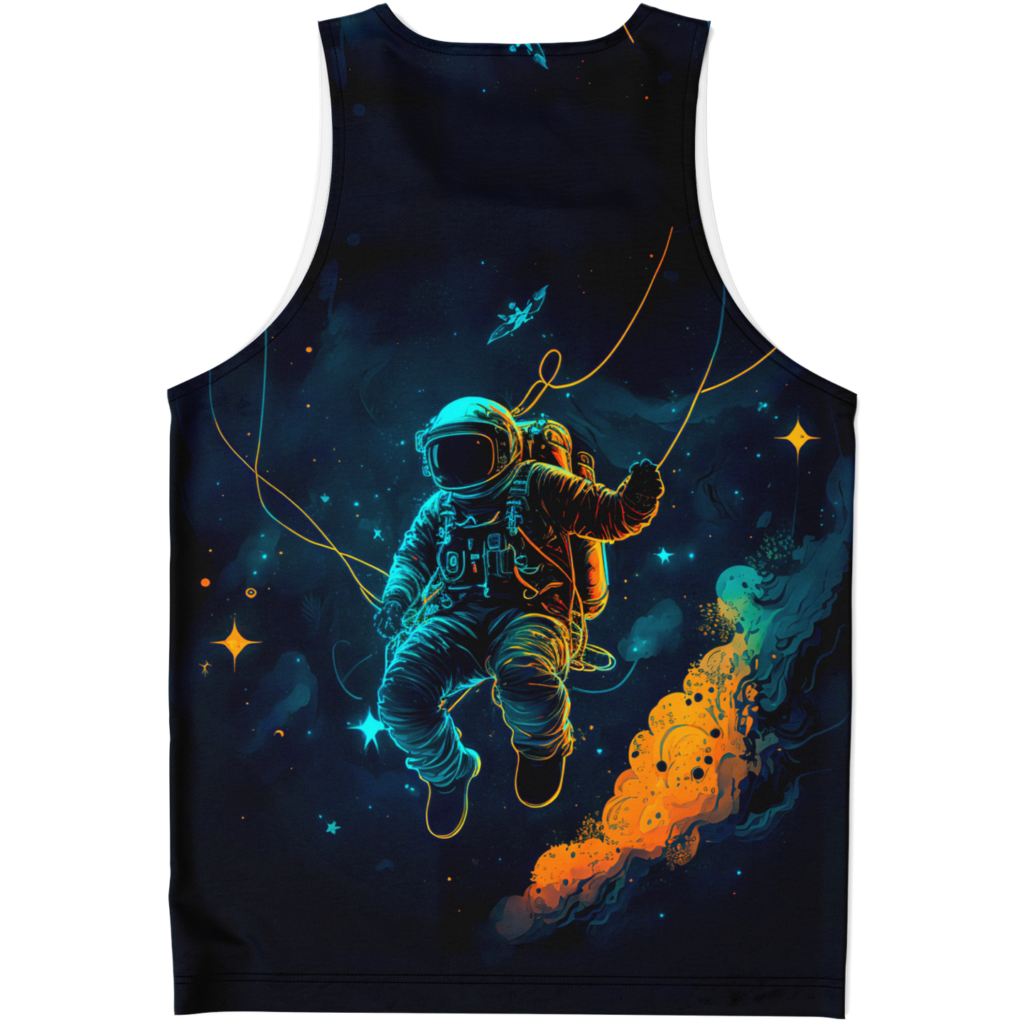 Flatlay back view of Astronaut Galaxy Tank Top featuring vivid space-themed design and astronaut motif