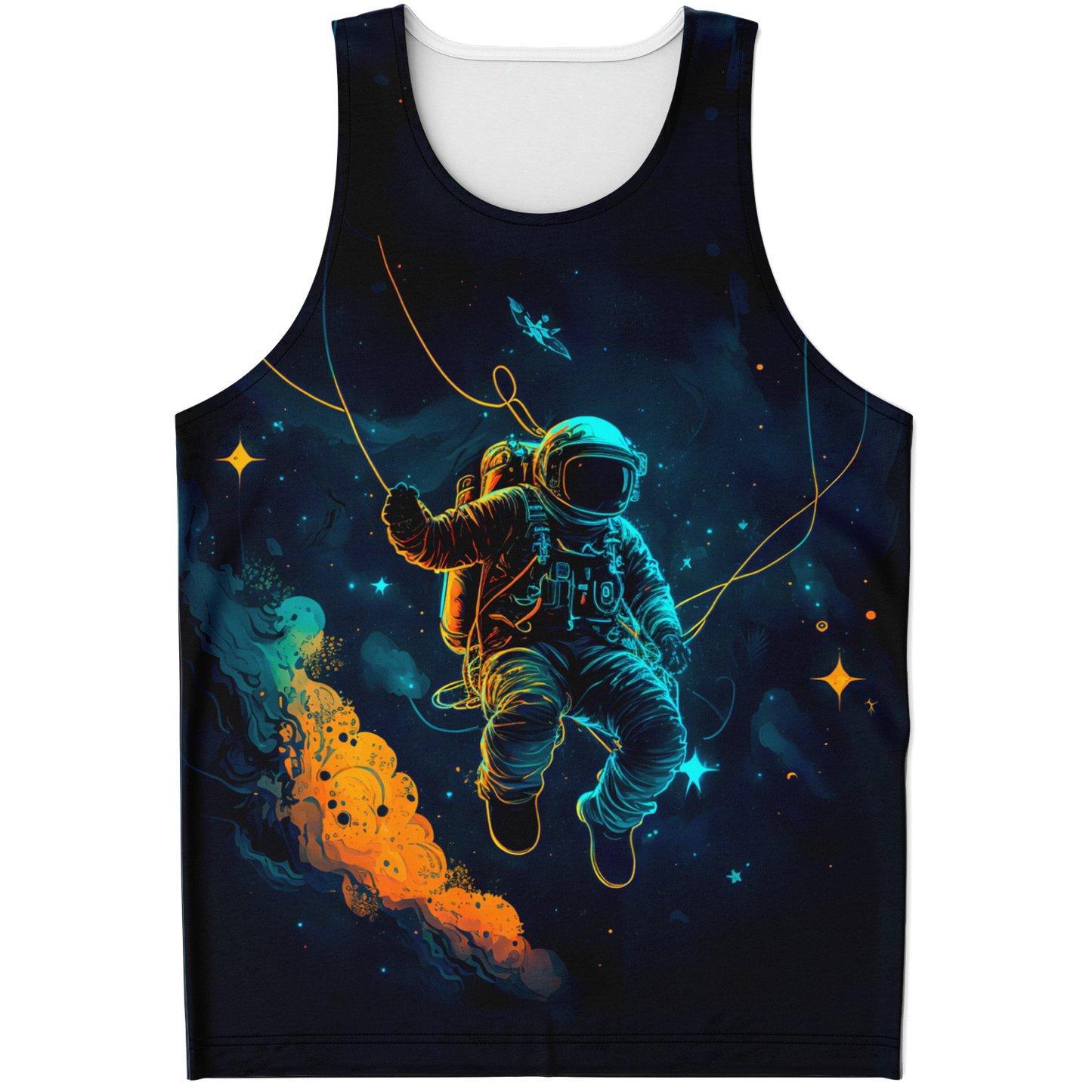 Flatlay front view of Astronaut Galaxy Tank Top showcasing glowing astronaut in space with cosmic background