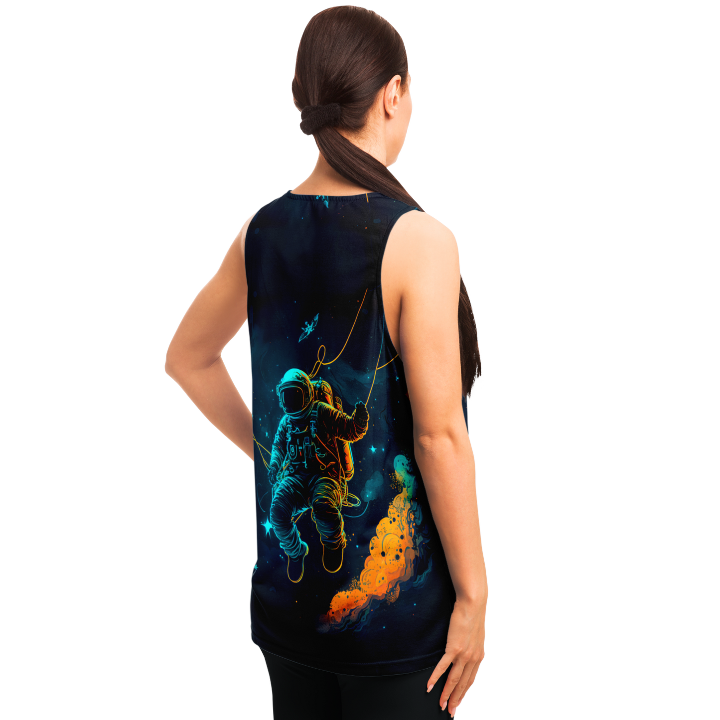 Angled back pose of female model showcasing Astronaut Galaxy Tank Top’s space design