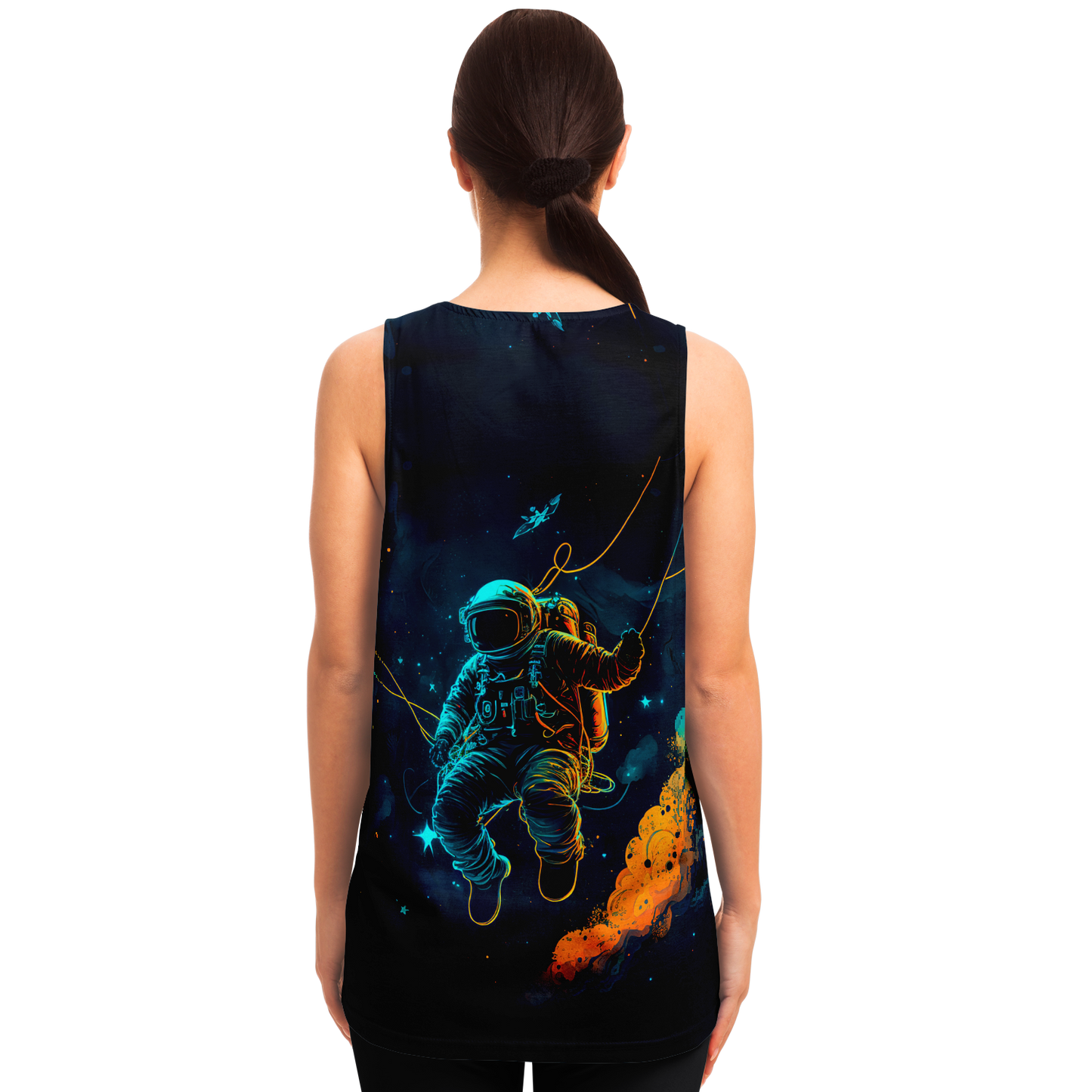 Rear view of female model in Astronaut Galaxy Tank Top displaying detailed space illustration